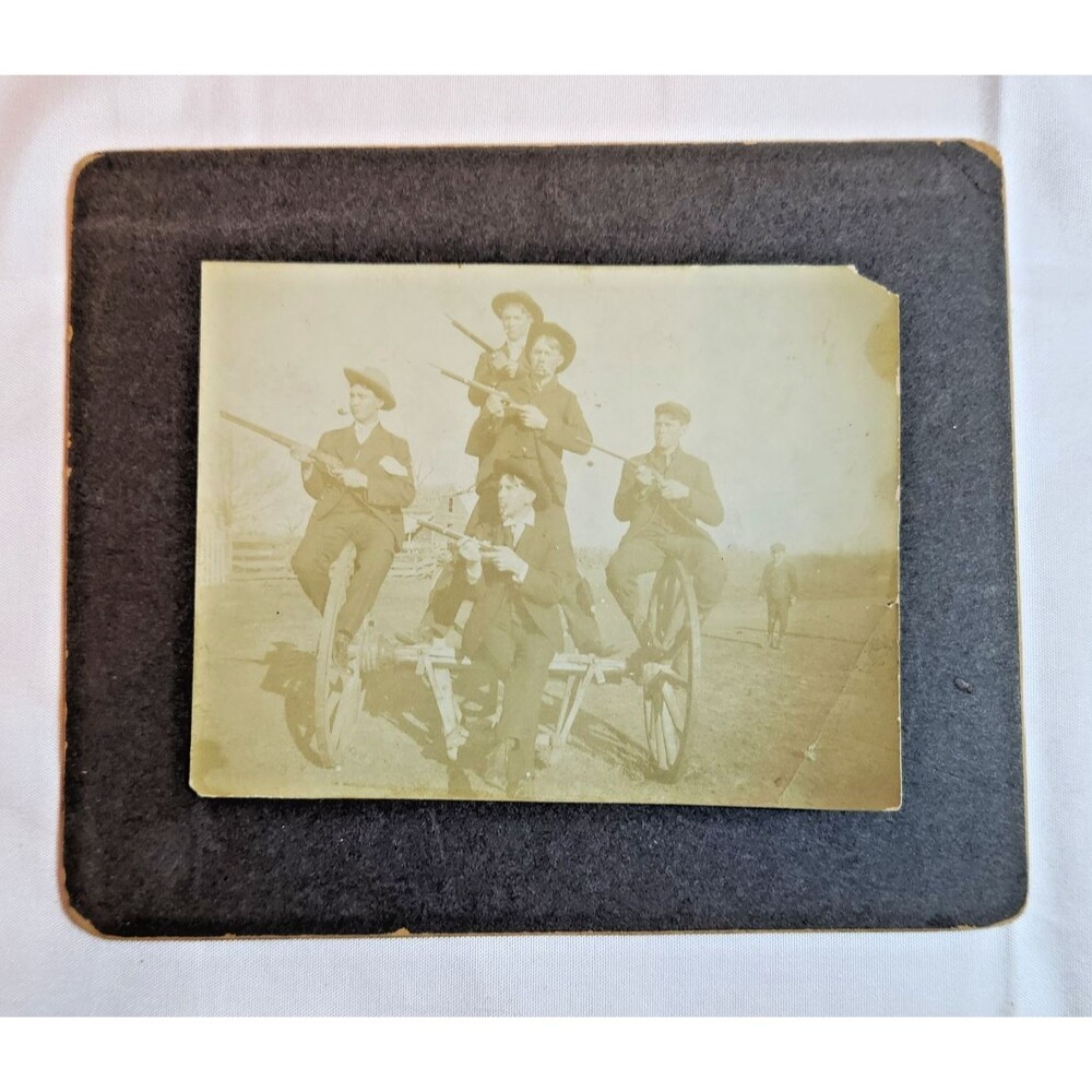 Antique Cabinet Card Photo Men With Rifles on Farm Equipment